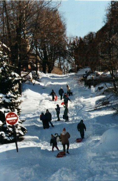 Sledding down the Big Hill in Waterford, Virginia in 1996
